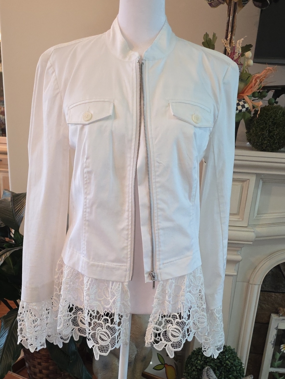 INC International Concepts White Lace-Hem Bomber Jacket